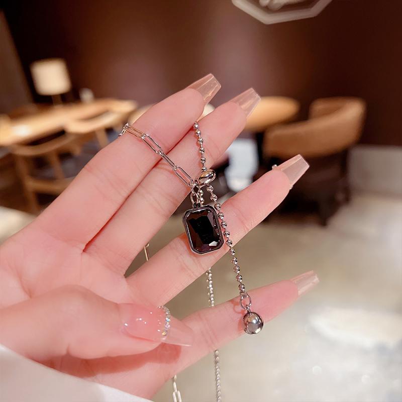 XiaoboACC Dây Chuyền Đính Đá Mặt Hình Vuông Bằng Thép Titan - 38CM+6CM