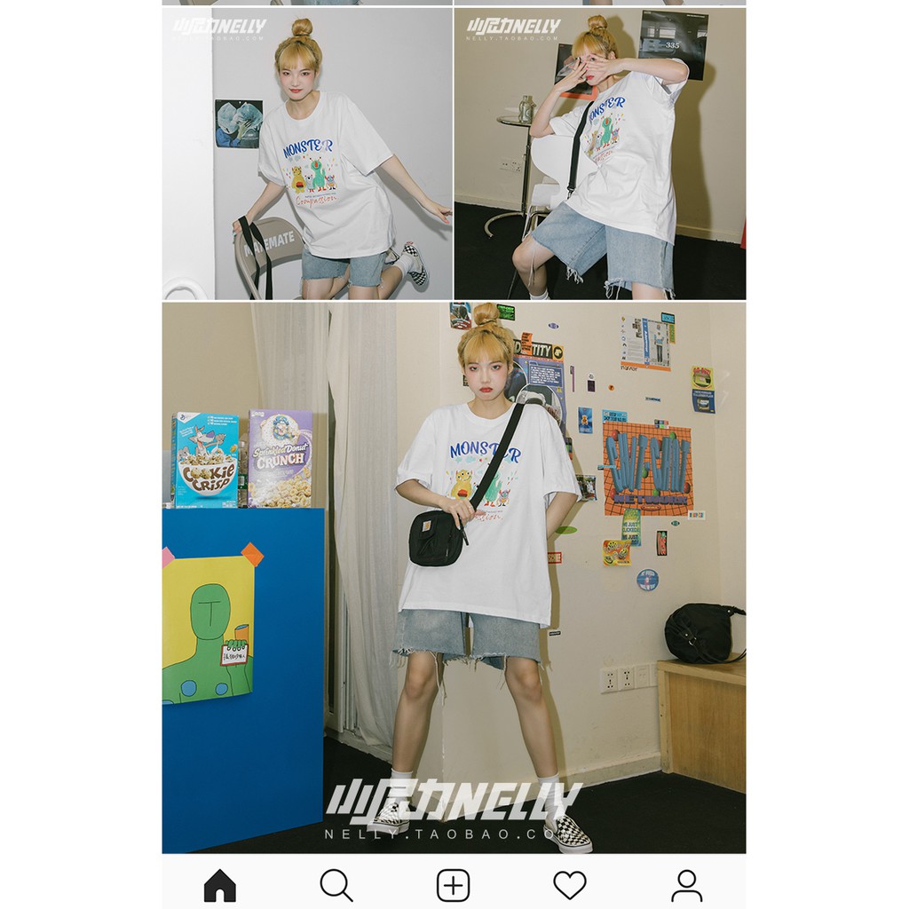 HÀNG CHÍNH HÃNG áo thun NELLYHEYBIG unisex tay lỡ, áo thun dáng rộng hoạ tiết dòng chữ MONSTER .
