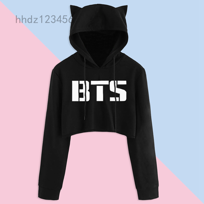 BTS Album Love Yourself Tear Fake Love Kpop Long Sleeve Cropped Hoodies Sweater Women Cat Hit Upon