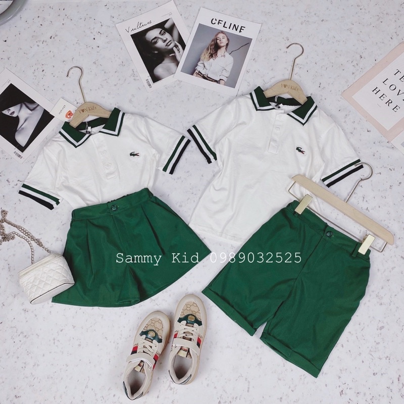 Set áo Polo Xanh lá cho bé trai gái size đại 16-41kg cá tính