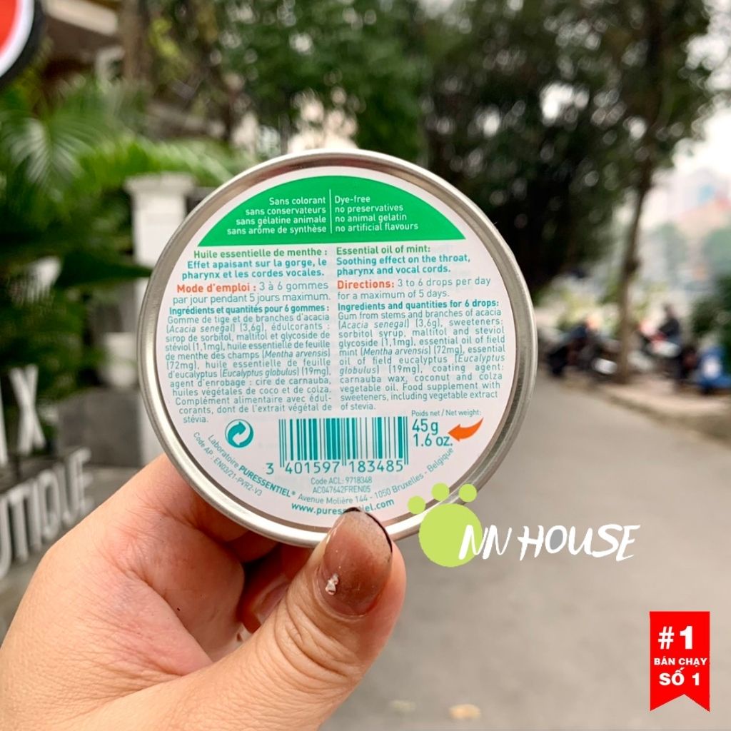 Viên ngậm ho viêm họng, bổ phế Puressentiel từ tinh dầu bạc hà khuynh diệp cho người từ 7 tuổi, kẹo ngậm ho không đường
