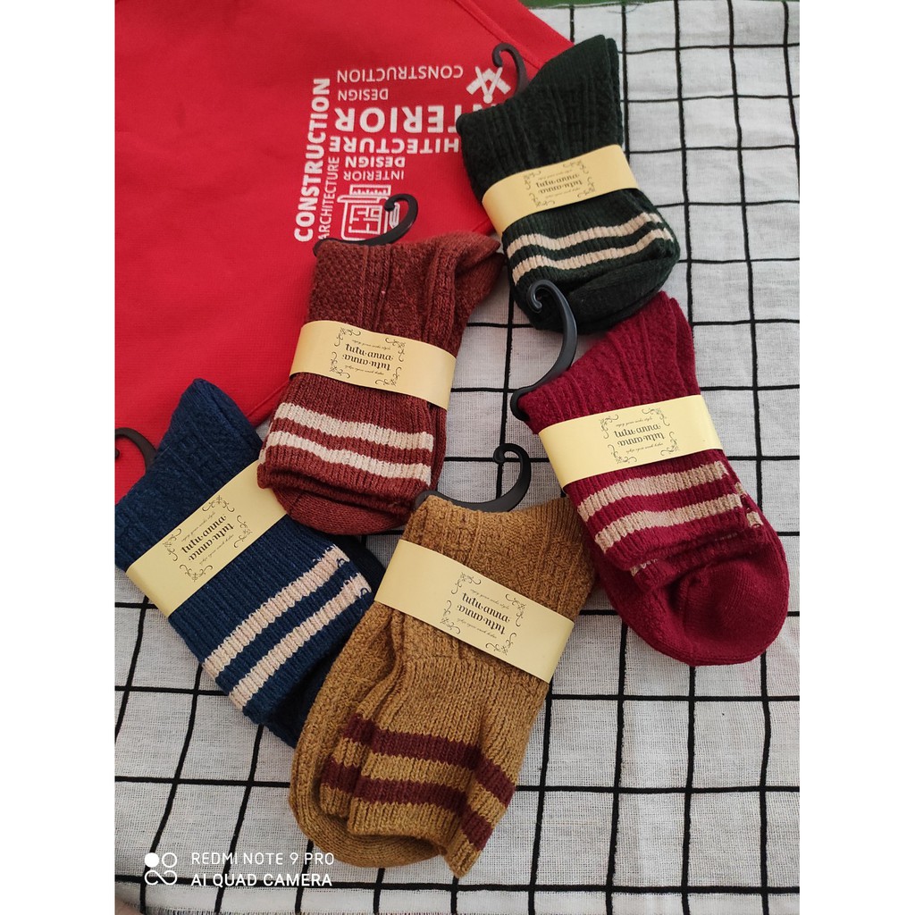 Vớ len cao cổ, tất len hai sọc cổ cao vintage NEKO