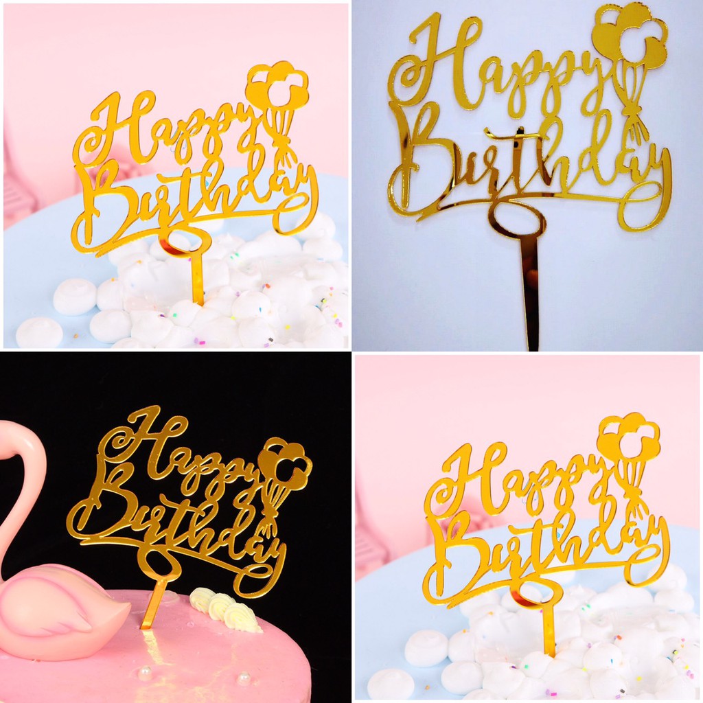 Phụ Kiện Trang Trí Bánh Sinh Nhật Bánh Kem - Combo 10 chiếc mica tráng gương hpbd chùm bóng vàng