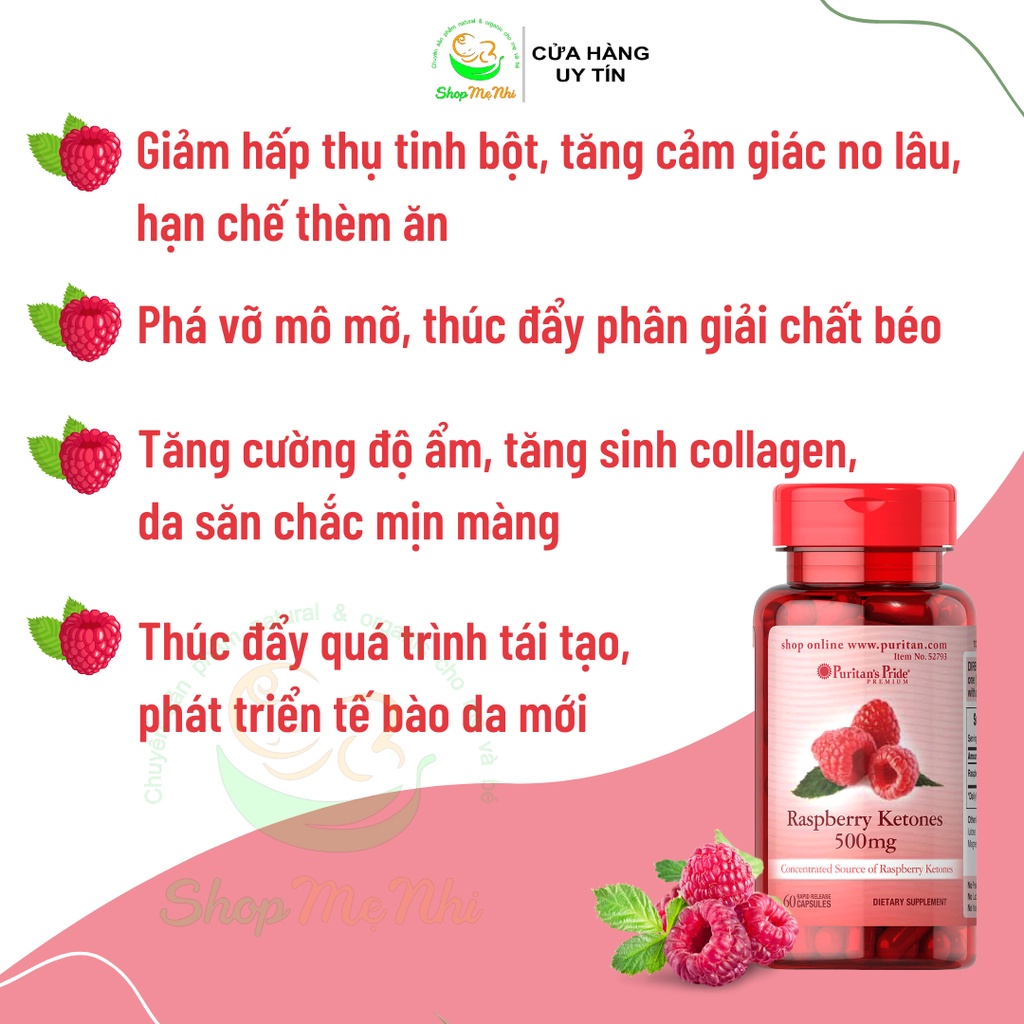 Viên uống giảm cân, đốt mỡ, đẹp da Puritan Raspberry Ketones 100mg – 500mg.