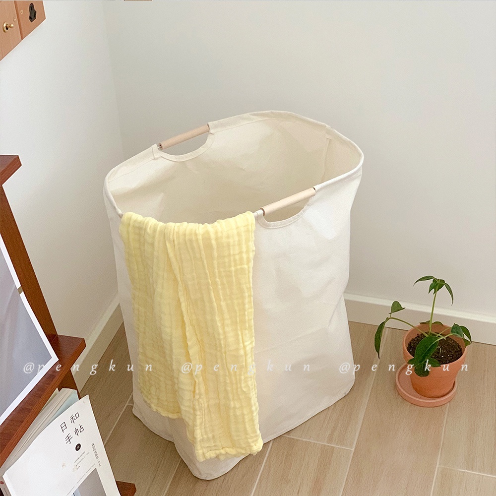 Giỏ đựng quần áo dơ/đồ chơi/chăn mền chống nước gấp được tay cầm bằng gỗ phong cách Nhật Bản