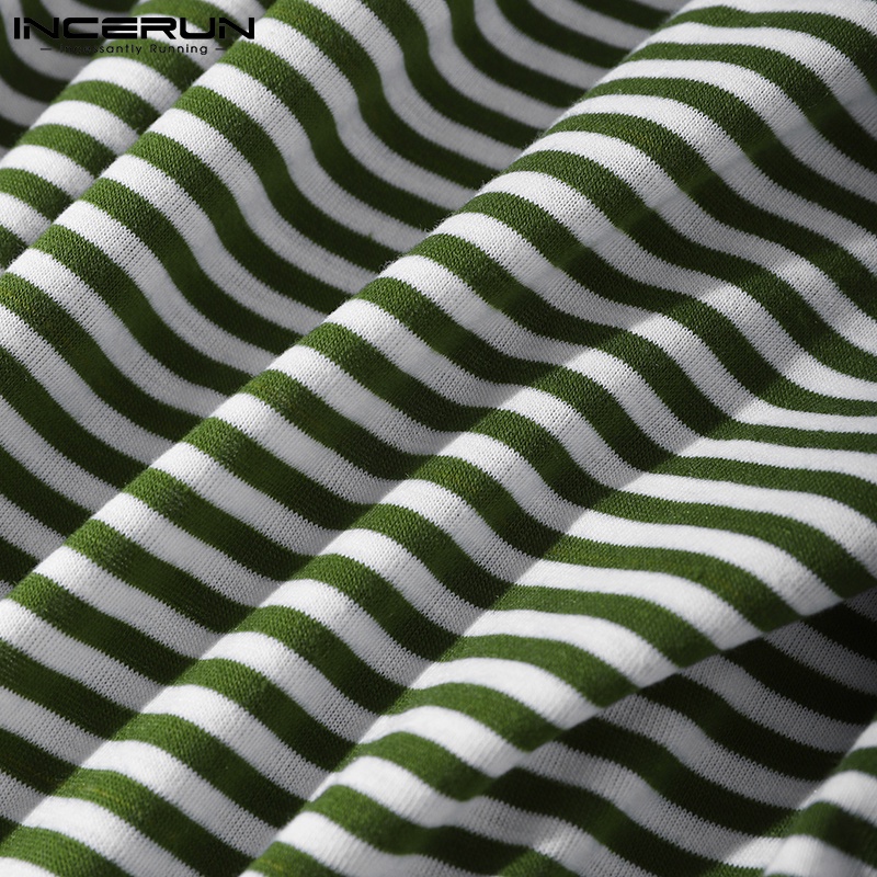 Áo thun Incerun tay lửng dáng rộng họa tiết kẻ sọc trẻ trung thời trang cho nam