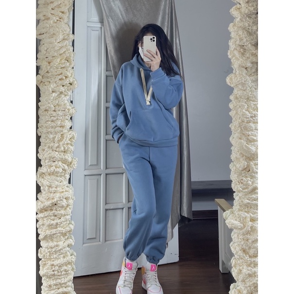 Bộ Hoodie Trơn Chất Nỉ Dày Dặn Dây Bản To Phong Cách Bassic - SINNA STORE