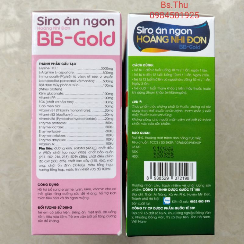 Siro ăn ngon HOÀNG NHI ĐƠN BB-GOLD hộp 20 ống