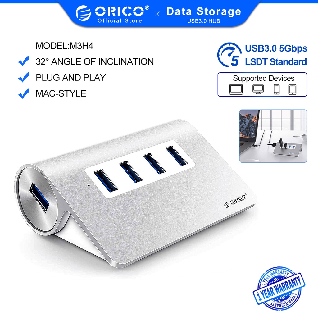 Hub USB Orico M3H4-V1 Làm Từ Nhôm 4 Cổng USB 3.0 Nhỏ Gọn Tốc Độ Cao Cho Máy Tính Xách Tay PC Với Cáp 1M
