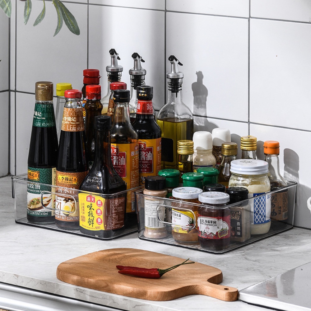 Khay nhựa đựng đồ đa năng trong suốt có tay cầm không nắp tiện lợi hộp đựng tủ lạnh nhà bếp mỹ phẩm nhà tắm