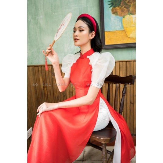 áo dài cách tân cao cấp 4 tà tay bồng đẹp sang chảnh mềm mại . ảnh thât 100% hàng thiết kế