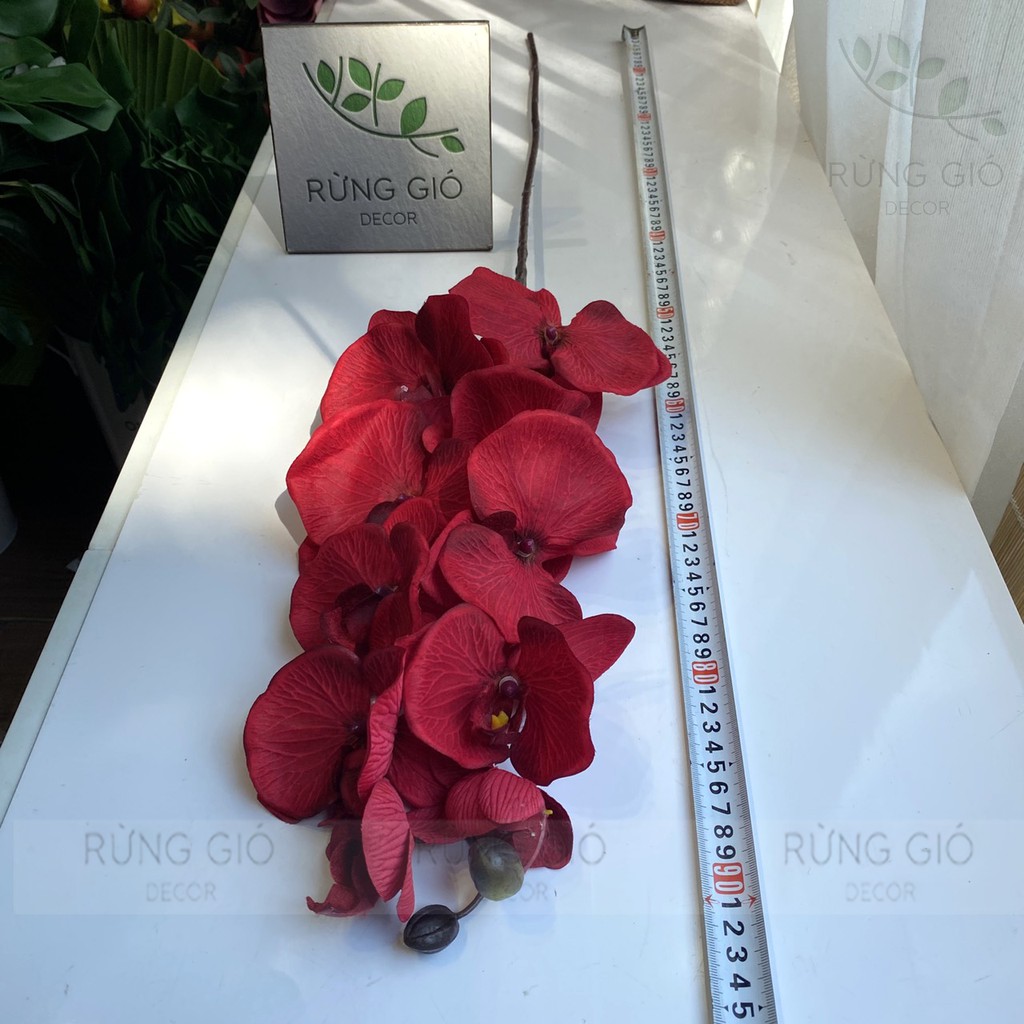 1 Cành Hoa Lan Hồ Điệp MÀU ĐỎ 10 bông to, dài 92cm, hoa lụa decor cao cấp, không kèm lọ