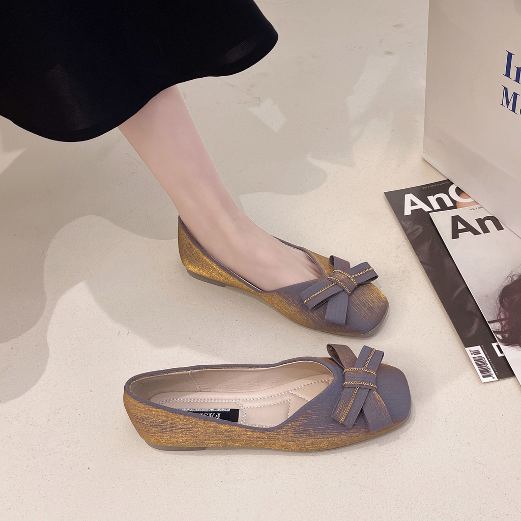 Giày Búp Bê Nữ Đế Bằng Mũi Vuông Màu Đen