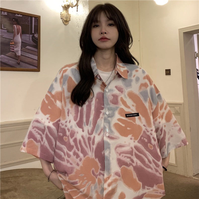 Áo Sơ Mi Tay Ngắn / Ngắn Dáng Rộng Vải Mỏng Nhuộm Xanh Nhuộm Kiểu Hồng Kông Retro Cá Tính