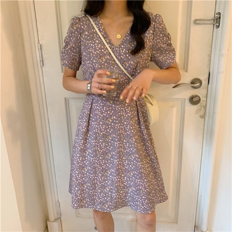 Korean Dress for Women Floral Dress V Neck Chiffon Dress Short Sleeve Dress Women Midi Dresses for Women Purple Dress Vintage Dress for Womens Summer Women Dress Retro Dress V Neck Dress Floral