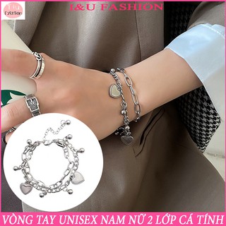 Lắc tay vòng tay Nam Nữ , vòng tay đôi ,vòng tay nhóm 2 lớp gắn trái tim và bi kim loại cá tính độc đáo thời trang VT-33