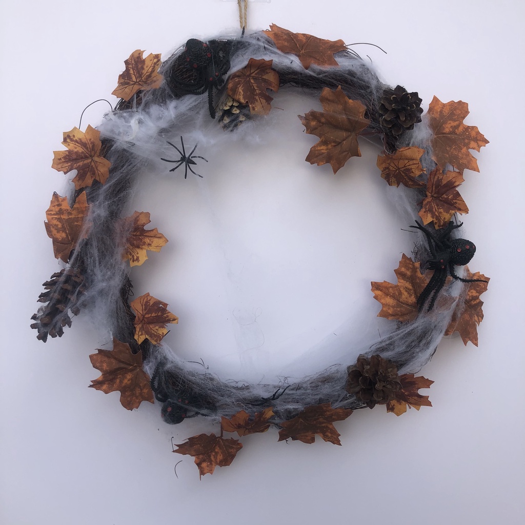 Vòng nguyệt quế treo cửa trang trí Halloween đường kính 40cm mẫu nhện giăng tơ