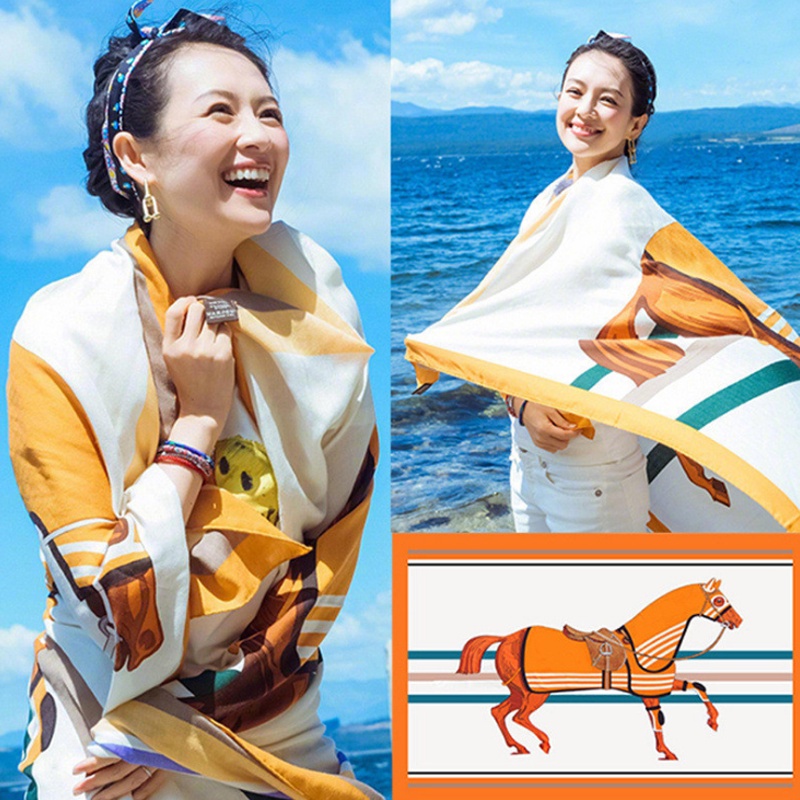 Khăn Choàng Cổ Vuông Vải Lụa satin In Hình Ngựa Khổ Lớn 180*90cm Chất Lượng Cao Cho Mùa Hè