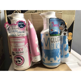 Sữa tắm bò tặng kèm sữa rửa mặt milky gluta thái Lan 800ml