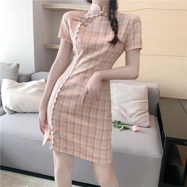 Sườn Xám Cách Tân Họa Tiết Caro Dễ Thương Thời Trang Mùa Hè Cho Nữ