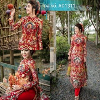 Có bigsize 4XL Set Áo Dài TRUYỀN THỐNG cổ trụ IN HỌA TIẾT LONG PHỤNG HOÀNG CUNG kèm quần ống rộng