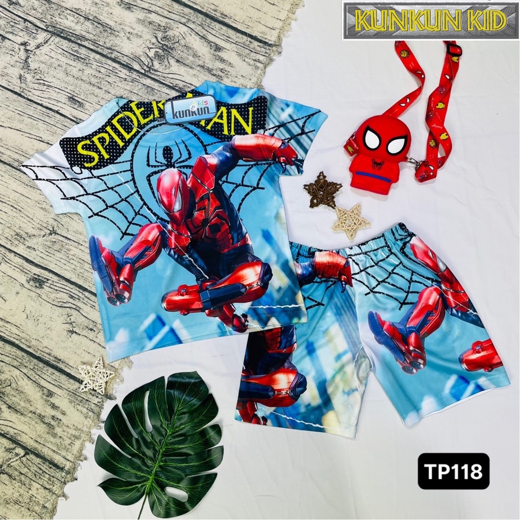 Đồ bộ tay ngắn thun lạnh Spider Wed cực ngầu cho bé trai size 10kg - 40kg từ 3-12 tuổi Kunkun Kid TP118