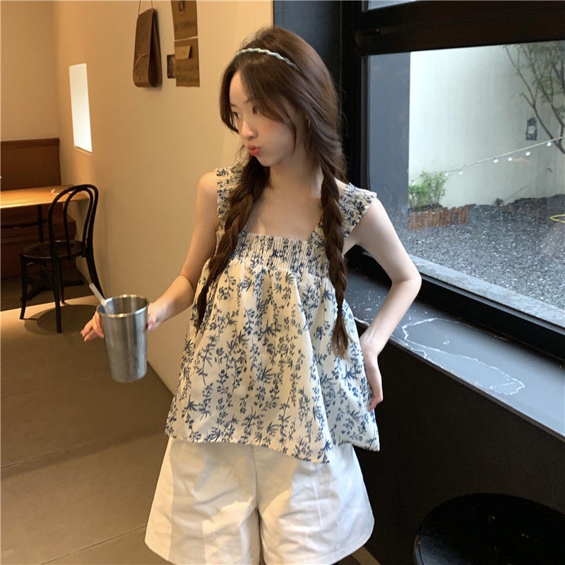 Áo Hai Dây Cổ Vuông Dáng Rộng In Họa Tiết Hoa Độc Đáo Phong Cách Pháp Thời Trang Mùa Hè Cho Nữ