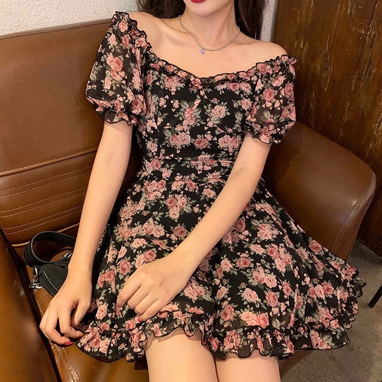 Đầm Perty trễ vai họa tiết hoa thời trang mùa hè Hàn Quốc dành cho nữ