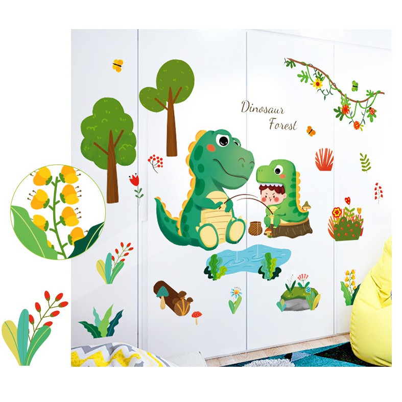Decal dán tường Khủng long cùng bé câu cá sắc nét