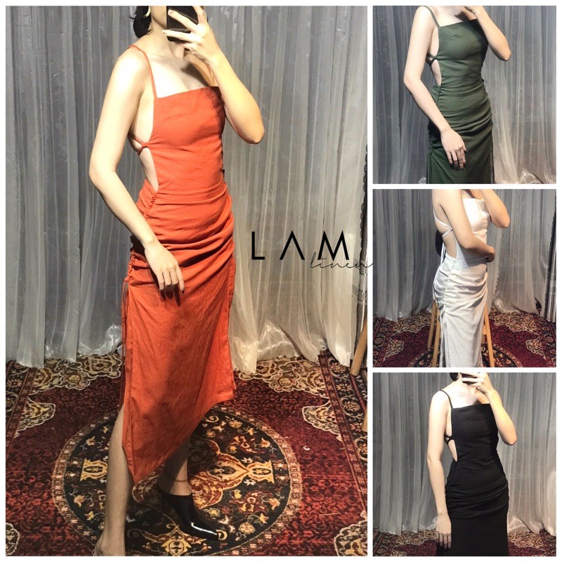 Đầm ôm hở lưng thắt dây cá tính vải linen (Nhiều màu)