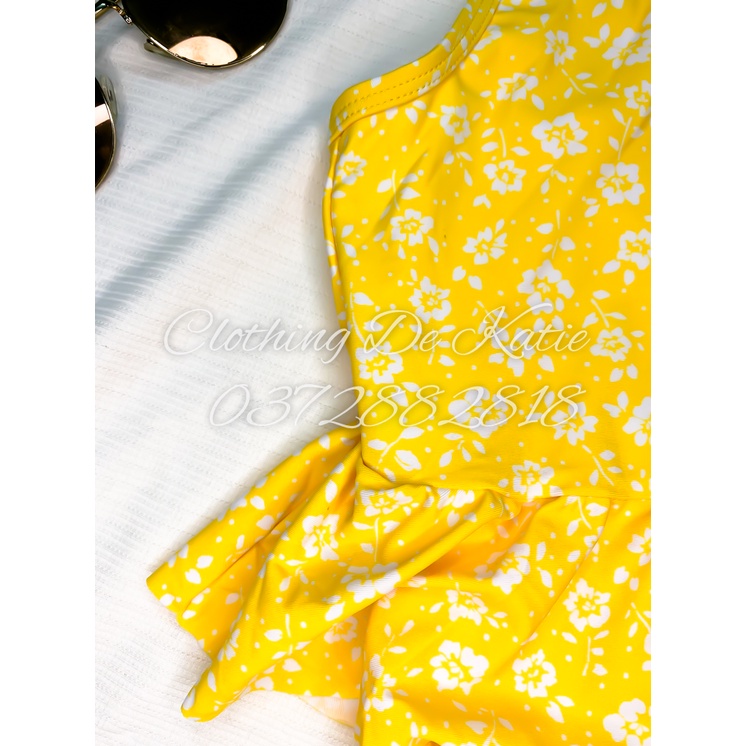 2T-5T Bikini đồ bơi đi biển CHỐNG NẮNG 1 mảnh màu vàng 2 dây chéo hoa trắng nhí bé gái