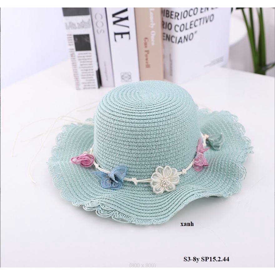 A23 Mũ cho bé/ Mũ cói đi biển cho bé gái/ Mũ cói vành rộng đính hình dễ thương,chống nắng cho bé  S3-6y