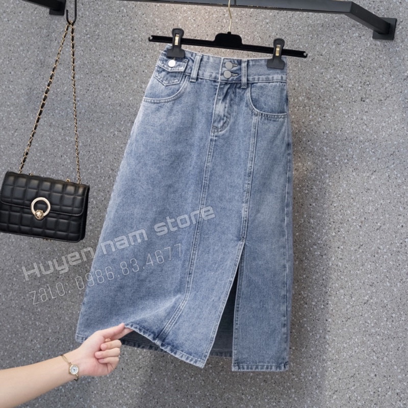 Chân váy bò dài hai khuy xẻ viền | BigBuy360 - bigbuy360.vn