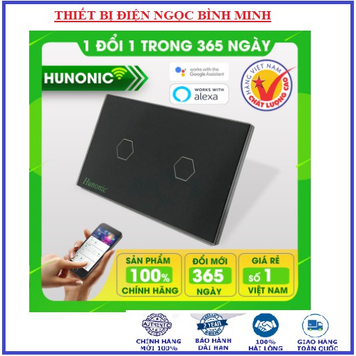 CÔNG TẮC CẢM ỨNG CHẠM THÔNG MINH HUNONIC 2 NÚT MÀU ĐEN│Công tắc thiết bị điện Wifi nhà thông minh hàng Việt Nam giá rẻ