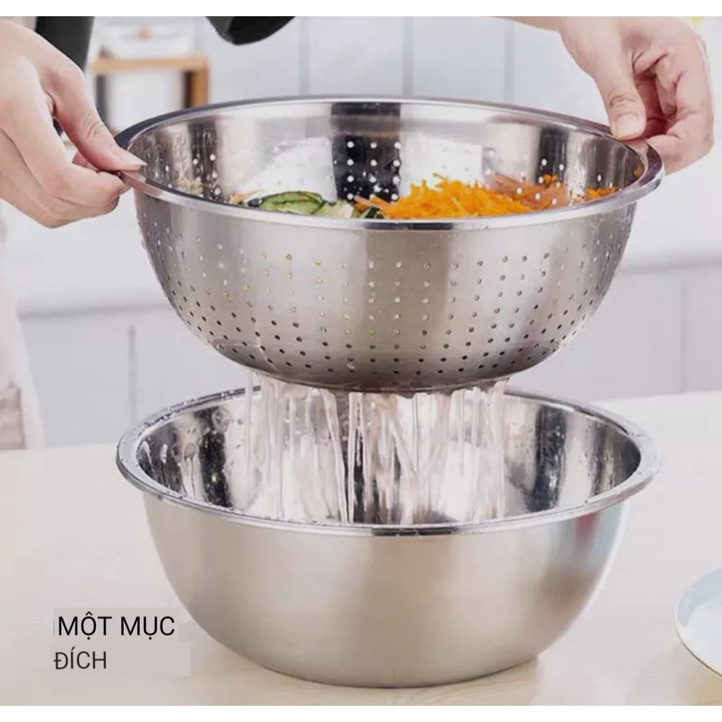 Bộ thau rổ bào rau củ quả inox 304 không rỉ - Set 3 món thau rổ bào