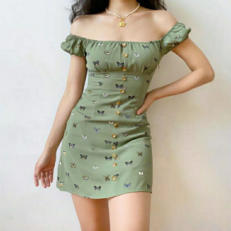 Đầm Tay Ngắn Dáng Chữ A Hoạ Tiết Bướm Phong Cách Pháp