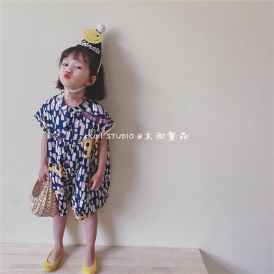 Jumpsuit Cộc Tay Dáng Rộng In Họa Tiết Graffiti Kiểu Hàn Quốc Thời Trang Mùa Hè Cho Bé Gái