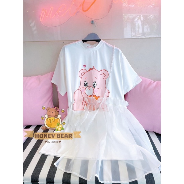 SET ĐI CHƠI - ĐẦM THUN CARE BEAR TRẮNG DÂY NƠ NGỌC - HB001