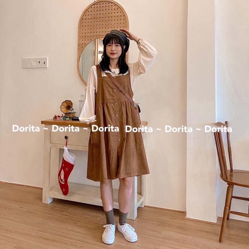 [Ảnh thật/Video] Set yếm nhung vintage dáng babydoll kèm áo cổ sen, Đầm yếm nhung Ulzzang - Dorita Boutique