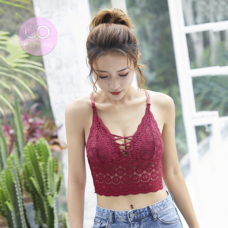 Áo croptop ren nữ bra ngực chữ V phối lưới chéo lưng sexy mẫu mới 2022 HEYPANG VN036