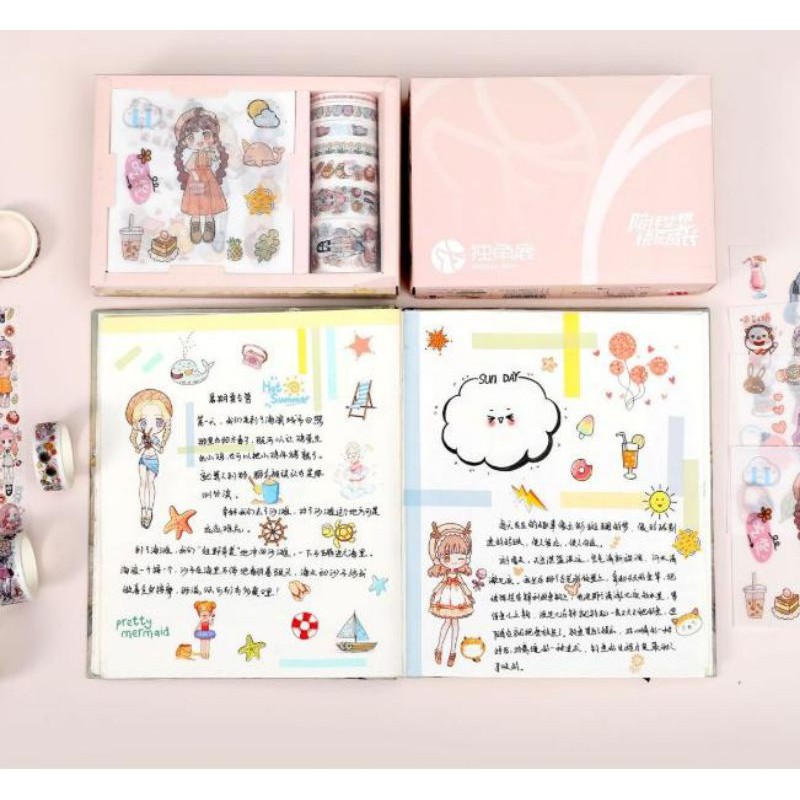 Hộp băng dính in hình cute dễ thương - Bộ Sticker nhiều loại đẹp giá rẻ - Hình dán trang trí sách vở, đồ dùng học tập