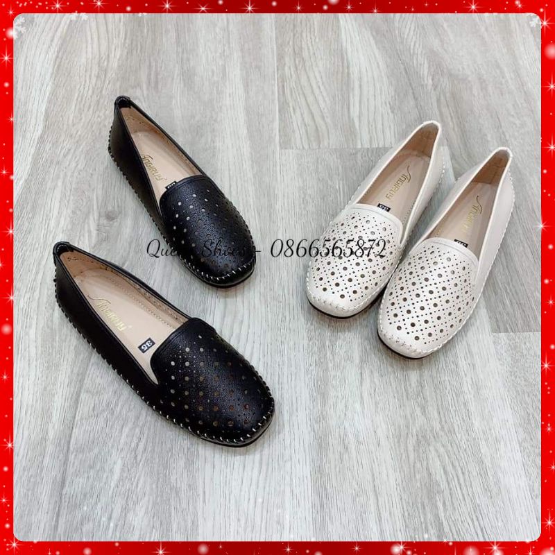 Giày lười nữ, giày slip on nữ da mềm đục lỗ thoáng mát khâu viền đế chắc chắn