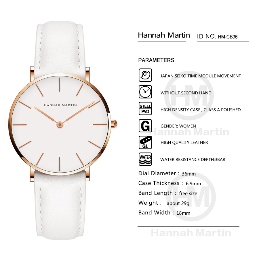 Đồng Hồ Đeo Tay Nữ Hannah Martin Chính hãng - Dây Da 36MM - Model HM-CB36 - bảo hành 12 tháng | BigBuy360 - bigbuy360.vn