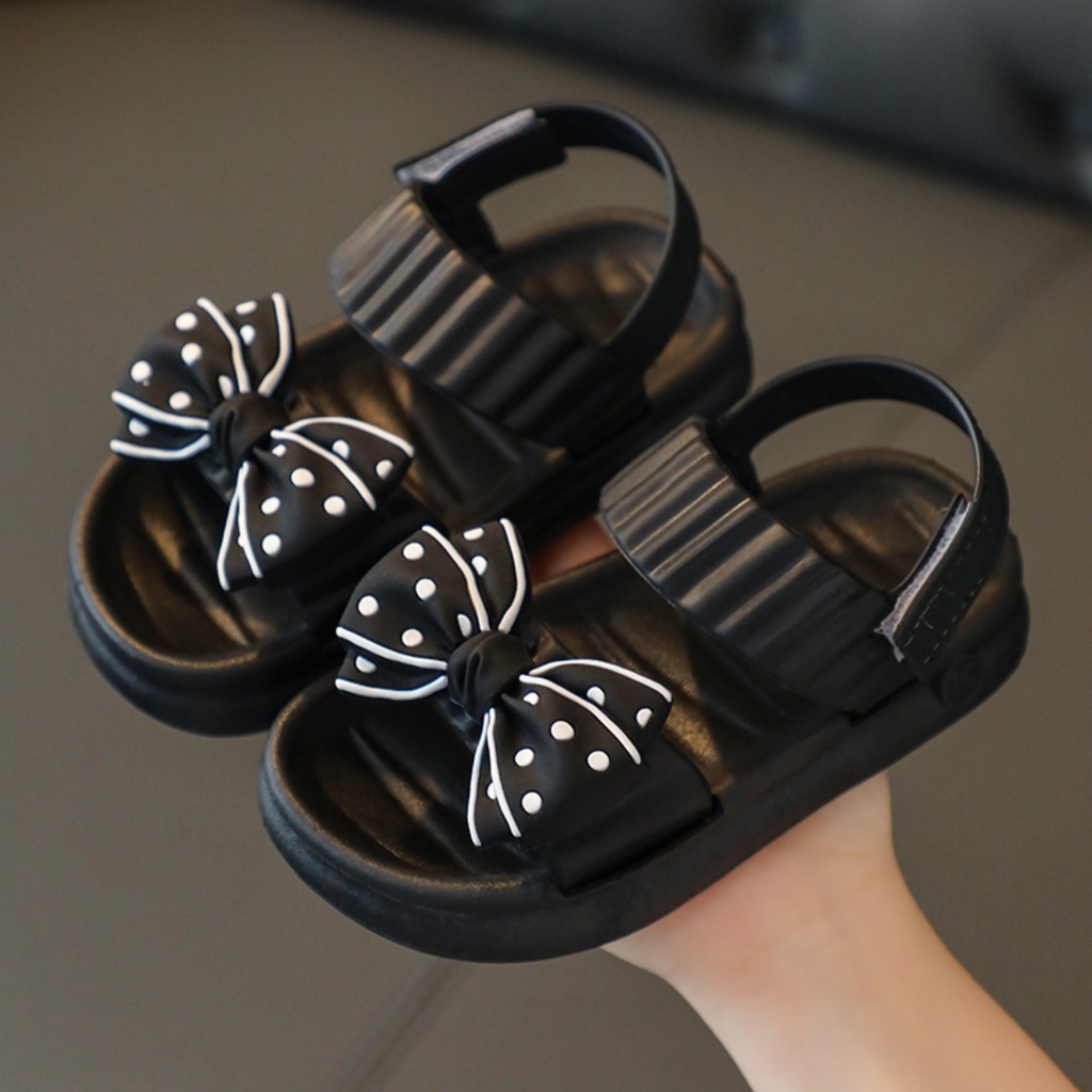 Giày nơ chấm bi tiểu thư màu Hồng- Đen- Trắng quai ngang cho bé gái chất cao su êm chân