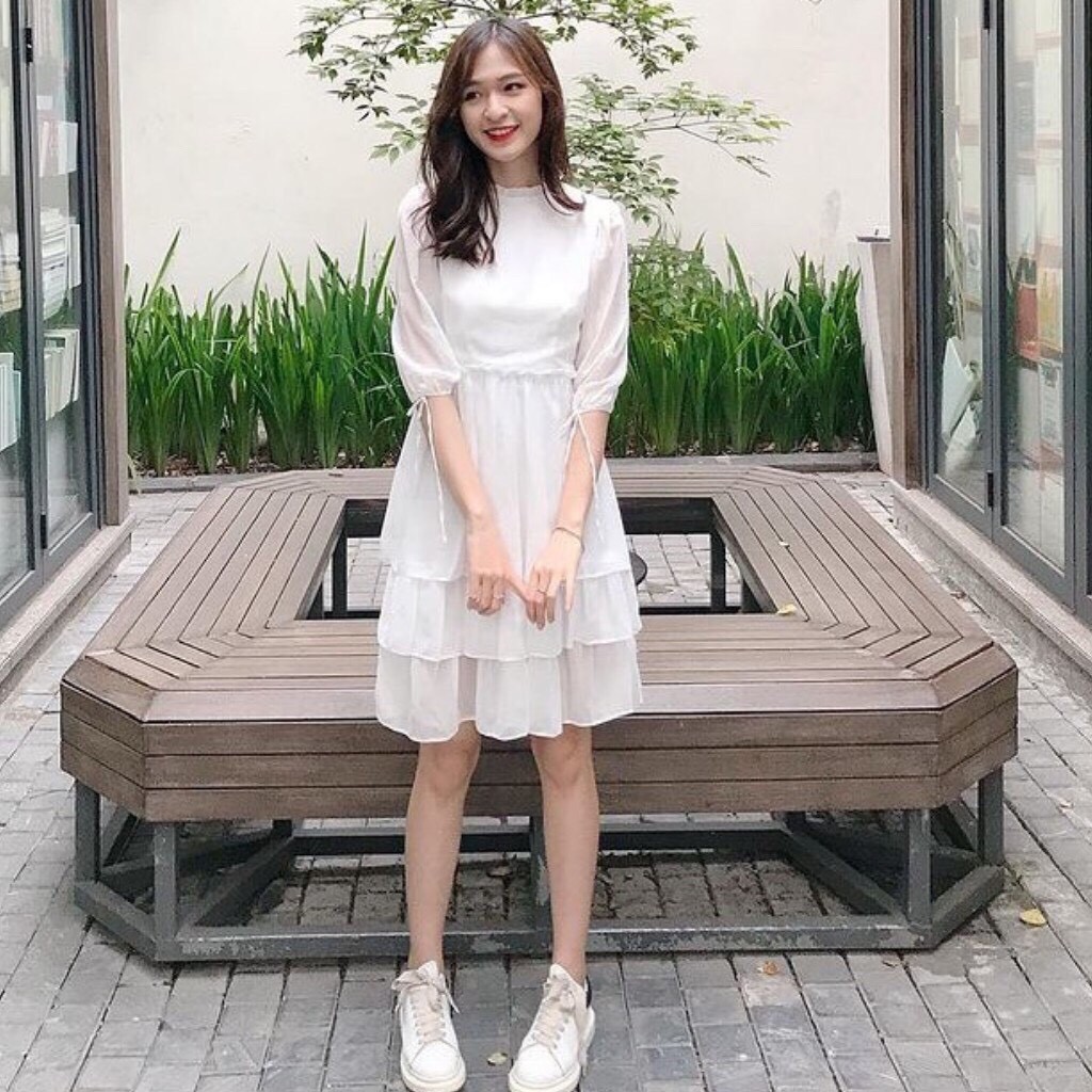 [Ảnh thật] Váy trắng voan tầng tay bồng thắt nơ siêu xinh - Đầm trắng kỉ yếu dáng xòe thắt nơ
