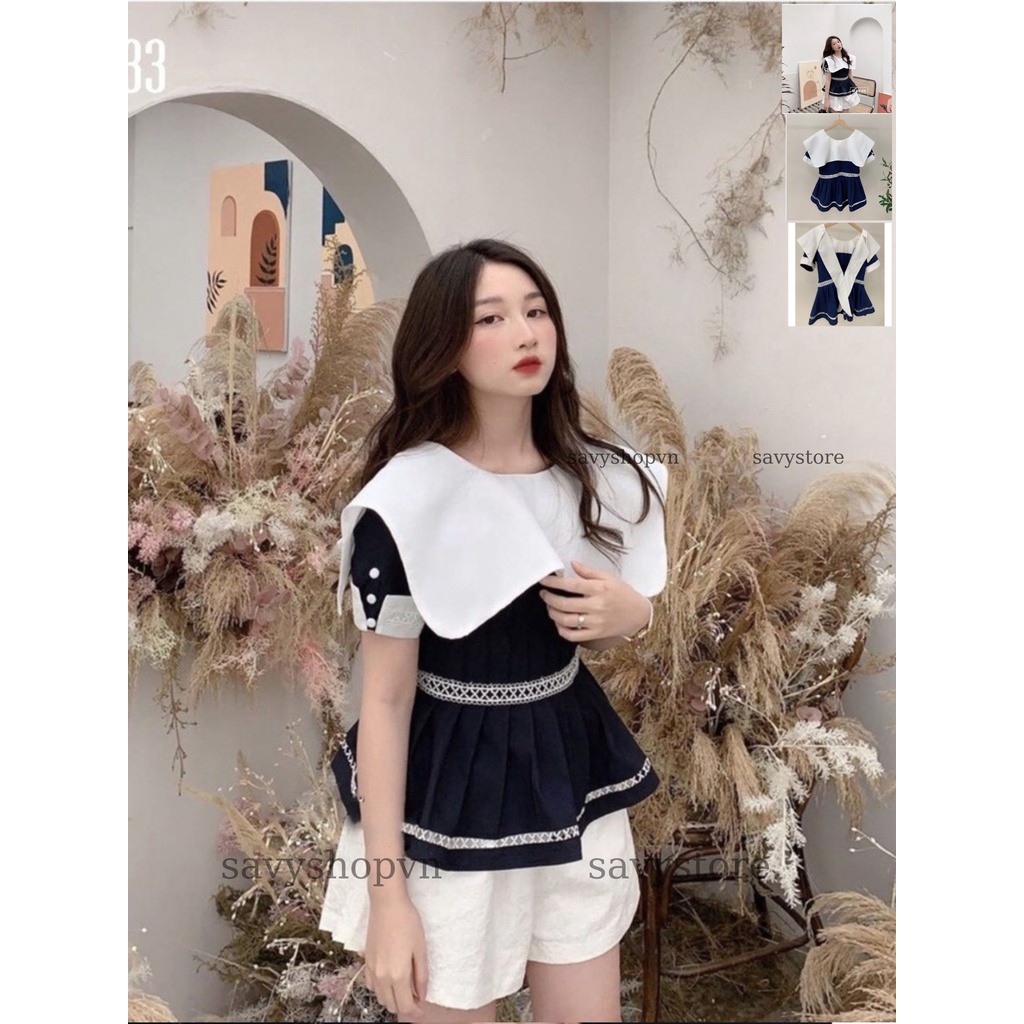 Áo Peplum Trắng Phối Xanh Đen