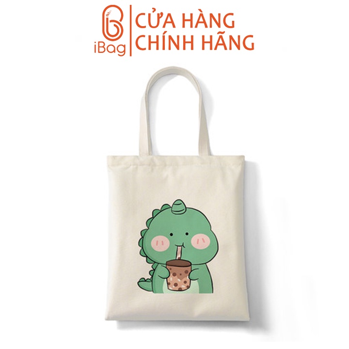 Túi tote vải canvas IBAG nữ phong cách ulzzang dáng unisex in hình khủng long uống trà sữa N009