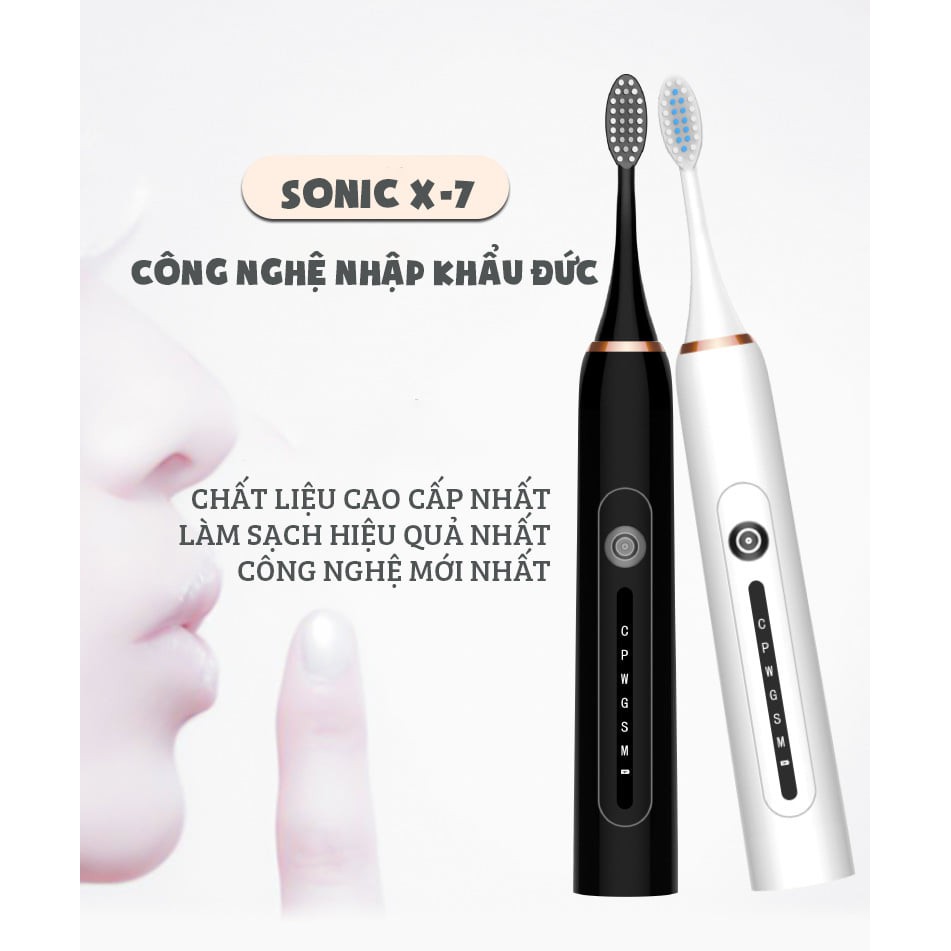 Bàn chải điện Sonic X7, Bàn chải tự động đánh răng, Bàn chải đánh răng điện công nghệ châu Âu 6 chế độ rung, Có Thể Sạc