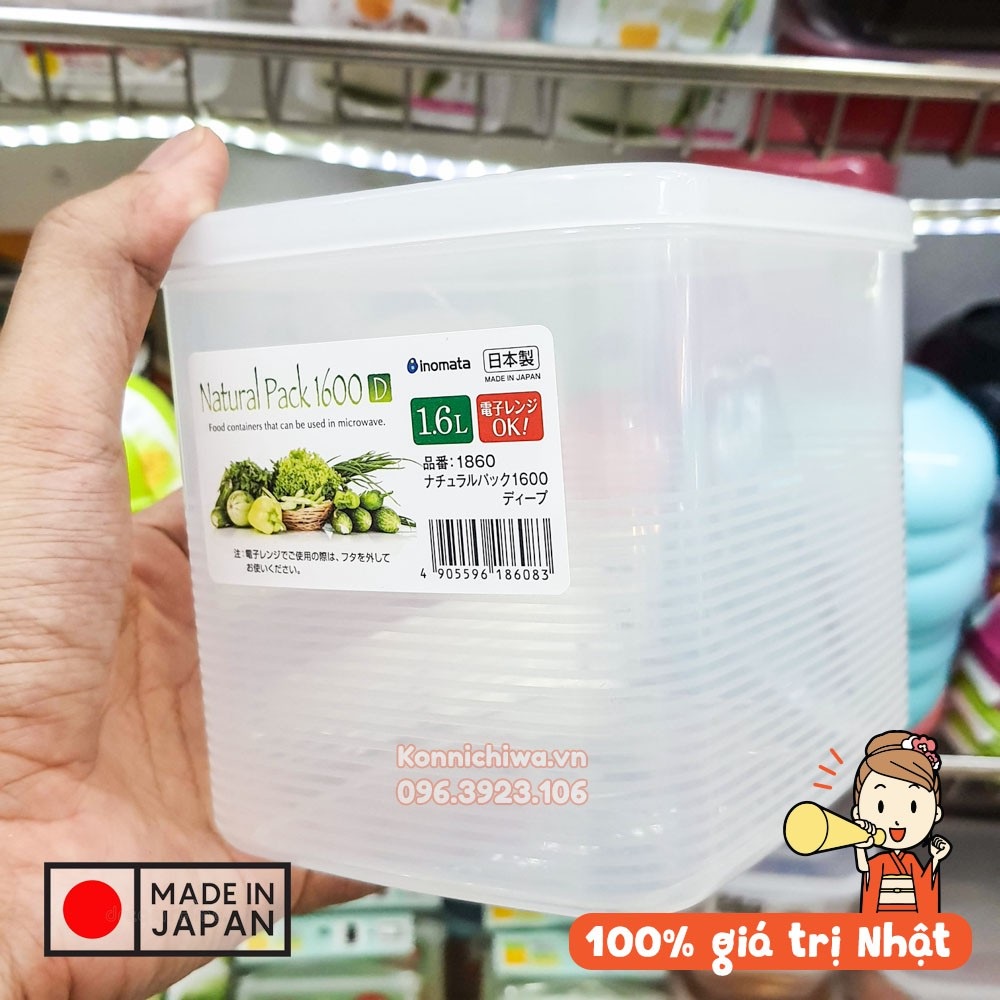 Hộp trữ thực phẩm INOMATA Natural Pack 1600ml | Hộp nhựa bảo quản đồ ăn để tủ lạnh, chịu nhiệt độ cao và lò vi sóng