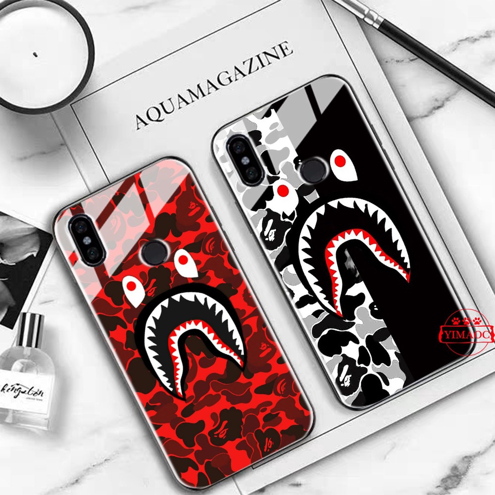 Ốp Điện Thoại Mặt Kính Hình Bape Shark 6u Cho Iphone Xs Max Xr X 11 Pro 7 8 6 6s Plus